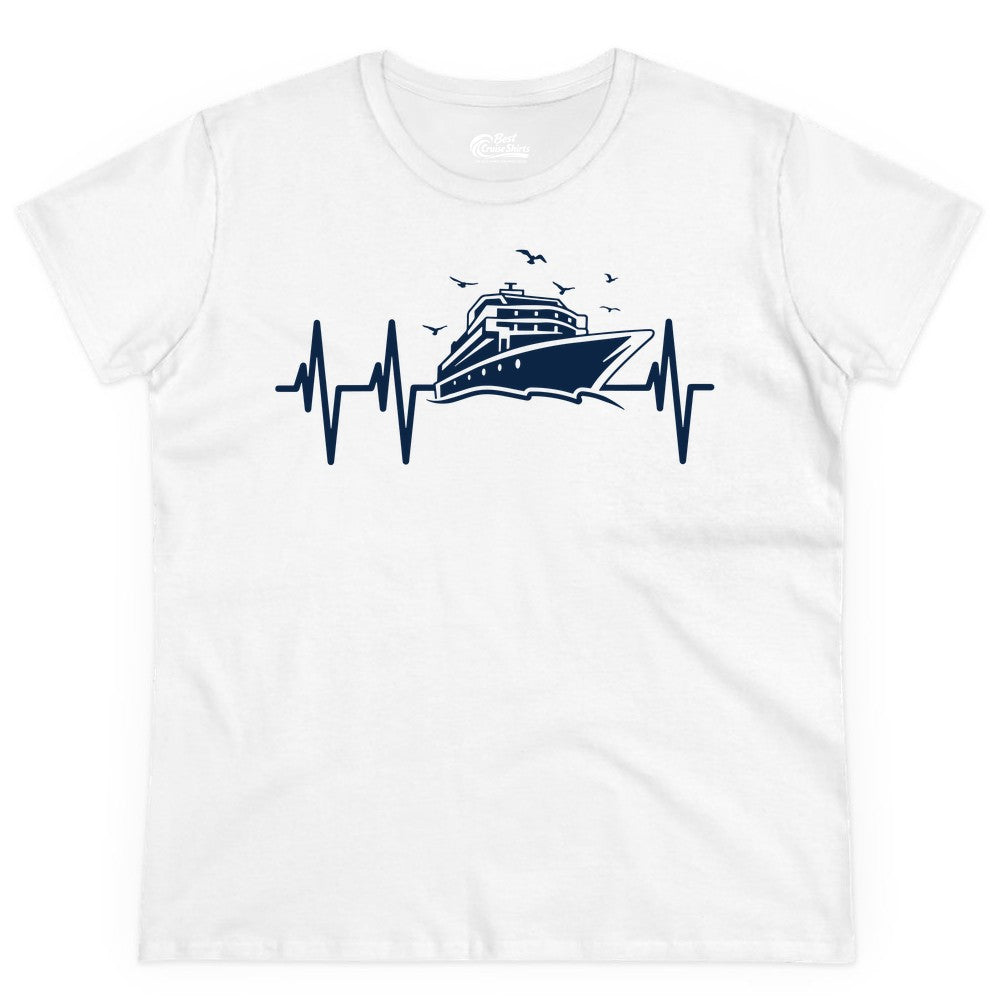 Cruise Heartbeat Shirt - Nautical Cruise Lover Gift Vacation Apparel (Ladies Tee) in White - Cruise Heartbeat Shirt - Nautical Cruise Ship Outline With Seagulls Design