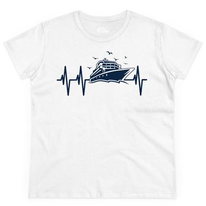 Cruise Heartbeat Shirt - Nautical Cruise Lover Gift Vacation Apparel (Ladies Tee) in White - Cruise Heartbeat Shirt - Nautical Cruise Ship Outline With Seagulls Design