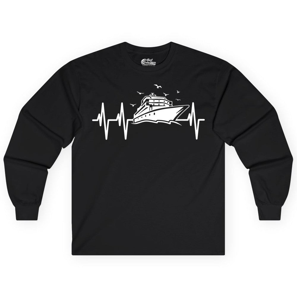 Cruise Heartbeat Shirt - Nautical Cruise Lover Gift Vacation Apparel (Long Sleeve) in Black - Cruise Heartbeat Shirt - Nautical Cruise Ship Outline With Seagulls Design