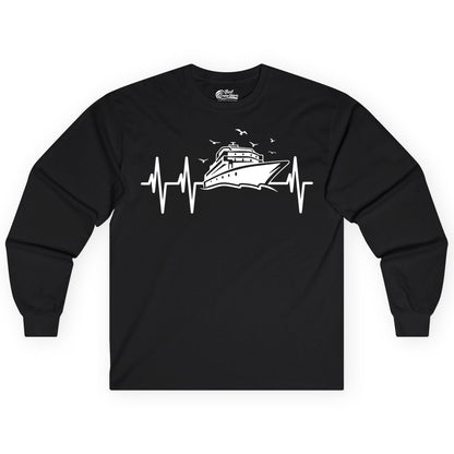Cruise Heartbeat Shirt - Nautical Cruise Lover Gift Vacation Apparel (Long Sleeve) in Black - Cruise Heartbeat Shirt - Nautical Cruise Ship Outline With Seagulls Design