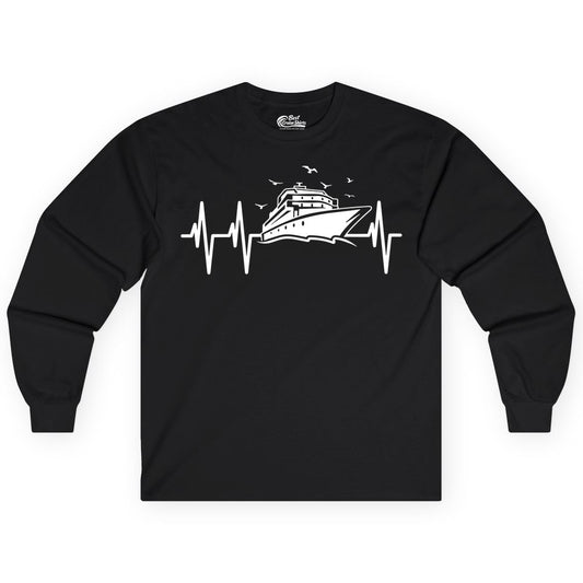 Cruise Heartbeat Shirt - Nautical Cruise Lover Gift Vacation Apparel (Long Sleeve) in Black - Cruise Heartbeat Shirt - Nautical Cruise Ship Outline With Seagulls Design