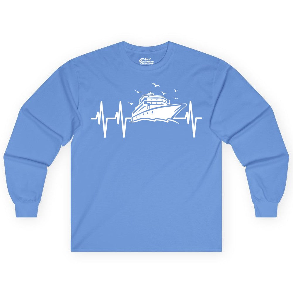 Cruise Heartbeat Shirt - Nautical Cruise Lover Gift Vacation Apparel (Long Sleeve) in Carolina Blue - Cruise Heartbeat Shirt - Nautical Cruise Ship Outline With Seagulls Design