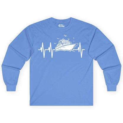 Cruise Heartbeat Shirt - Nautical Cruise Lover Gift Vacation Apparel (Long Sleeve) in Carolina Blue - Cruise Heartbeat Shirt - Nautical Cruise Ship Outline With Seagulls Design