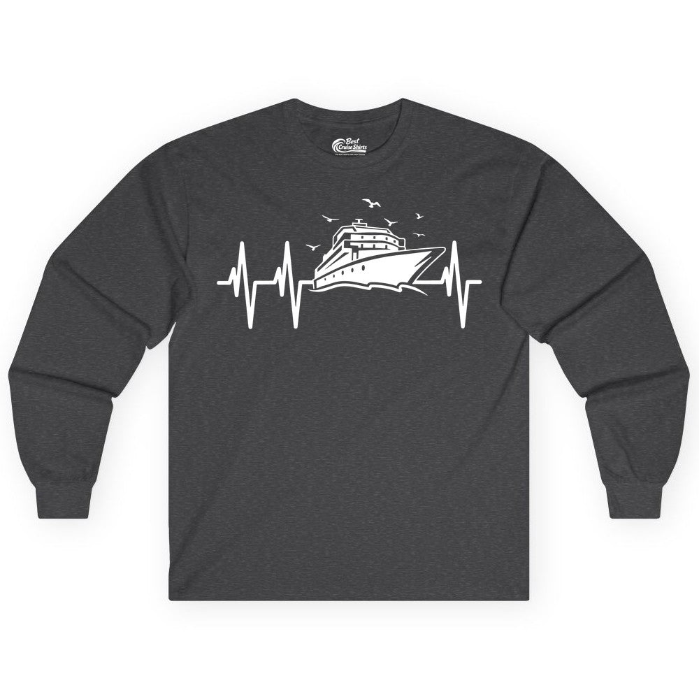 Cruise Heartbeat Shirt - Nautical Cruise Lover Gift Vacation Apparel (Long Sleeve) in Dark Heather - Cruise Heartbeat Shirt - Nautical Cruise Ship Outline With Seagulls Design