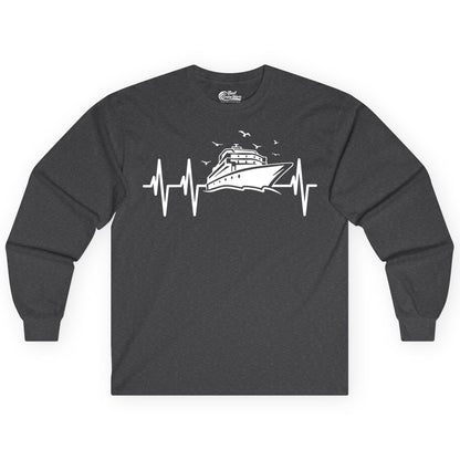 Cruise Heartbeat Shirt - Nautical Cruise Lover Gift Vacation Apparel (Long Sleeve) in Dark Heather - Cruise Heartbeat Shirt - Nautical Cruise Ship Outline With Seagulls Design