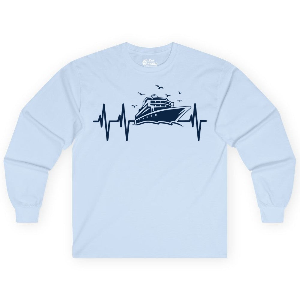 Cruise Heartbeat Shirt - Nautical Cruise Lover Gift Vacation Apparel (Long Sleeve) in Light Blue - Cruise Heartbeat Shirt - Nautical Cruise Ship Outline With Seagulls Design