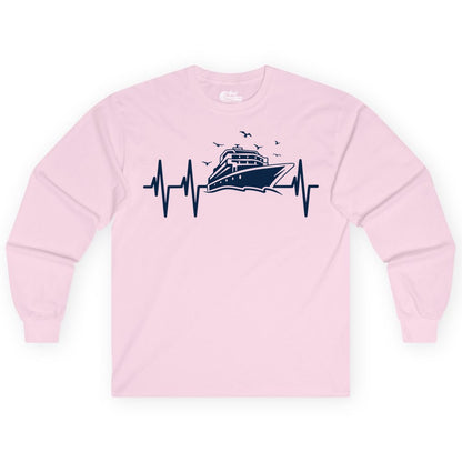 Cruise Heartbeat Shirt - Nautical Cruise Lover Gift Vacation Apparel (Long Sleeve) in Light Pink - Cruise Heartbeat Shirt - Nautical Cruise Ship Outline With Seagulls Design