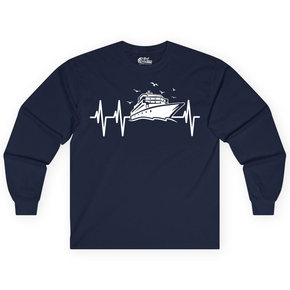 Cruise Heartbeat Shirt - Nautical Cruise Lover Gift Vacation Apparel (Long Sleeve) in Navy - Cruise Heartbeat Shirt - Nautical Cruise Ship Outline With Seagulls Design