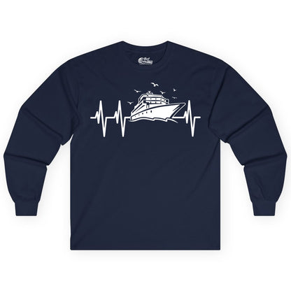 Cruise Heartbeat Shirt - Nautical Cruise Lover Gift Vacation Apparel (Long Sleeve) in Navy - Cruise Heartbeat Shirt - Nautical Cruise Ship Outline With Seagulls Design