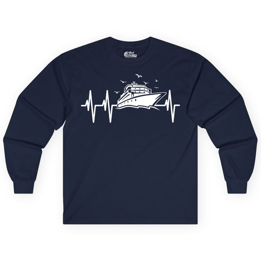 Cruise Heartbeat Shirt - Nautical Cruise Lover Gift Vacation Apparel (Long Sleeve) in Navy - Cruise Heartbeat Shirt - Nautical Cruise Ship Outline With Seagulls Design