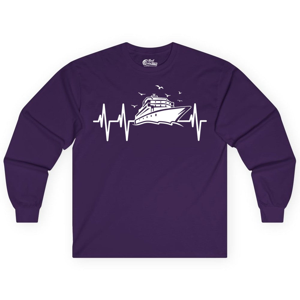 Cruise Heartbeat Shirt - Nautical Cruise Lover Gift Vacation Apparel (Long Sleeve) in Purple - Cruise Heartbeat Shirt - Nautical Cruise Ship Outline With Seagulls Design