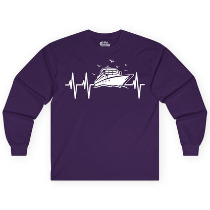 Cruise Heartbeat Shirt - Nautical Cruise Lover Gift Vacation Apparel (Long Sleeve) in Purple - Cruise Heartbeat Shirt - Nautical Cruise Ship Outline With Seagulls Design