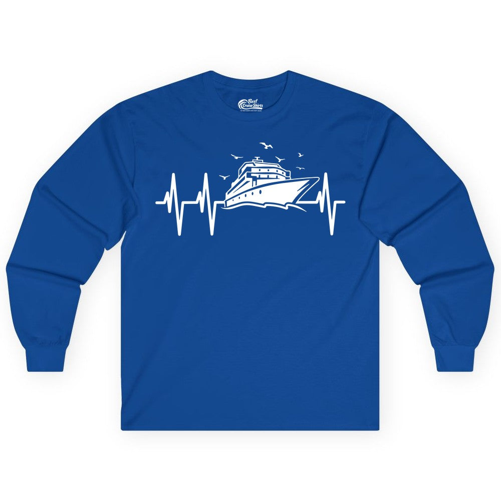 Cruise Heartbeat Shirt - Nautical Cruise Lover Gift Vacation Apparel (Long Sleeve) in Royal - Cruise Heartbeat Shirt - Nautical Cruise Ship Outline With Seagulls Design