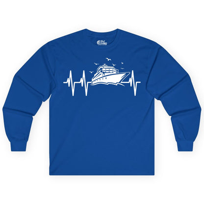 Cruise Heartbeat Shirt - Nautical Cruise Lover Gift Vacation Apparel (Long Sleeve) in Royal - Cruise Heartbeat Shirt - Nautical Cruise Ship Outline With Seagulls Design