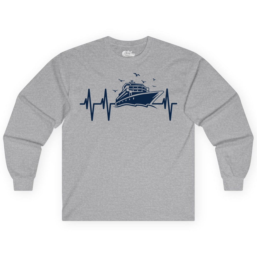 Cruise Heartbeat Shirt - Nautical Cruise Lover Gift Vacation Apparel (Long Sleeve) in Sport Grey - Cruise Heartbeat Shirt - Nautical Cruise Ship Outline With Seagulls Design