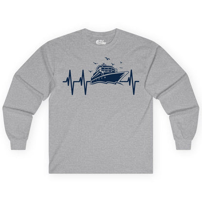 Cruise Heartbeat Shirt - Nautical Cruise Lover Gift Vacation Apparel (Long Sleeve) in Sport Grey - Cruise Heartbeat Shirt - Nautical Cruise Ship Outline With Seagulls Design