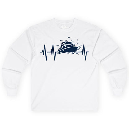 Cruise Heartbeat Shirt - Nautical Cruise Lover Gift Vacation Apparel (Long Sleeve) in White - Cruise Heartbeat Shirt - Nautical Cruise Ship Outline With Seagulls Design