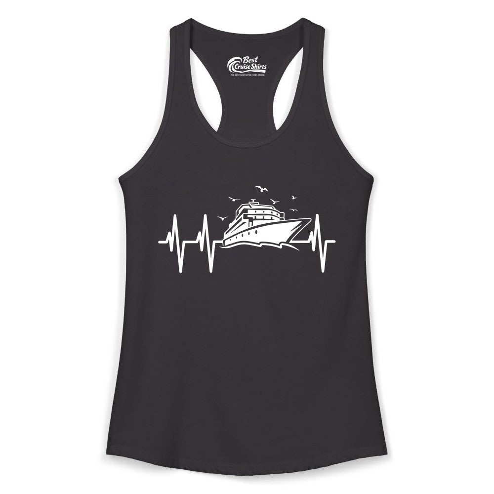 Cruise Heartbeat Shirt - Nautical Cruise Lover Gift Vacation Apparel (Ladies Tank) in Black - Cruise Heartbeat Shirt - Nautical Cruise Ship Outline With Seagulls Design