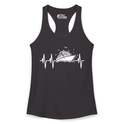 Cruise Heartbeat Shirt - Nautical Cruise Lover Gift Vacation Apparel (Ladies Tank) in Black - Cruise Heartbeat Shirt - Nautical Cruise Ship Outline With Seagulls Design