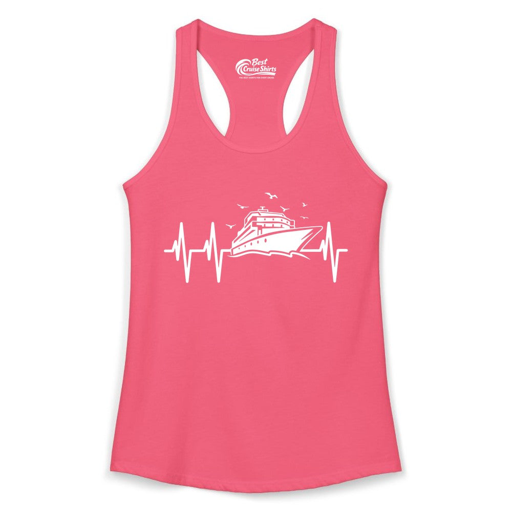Cruise Heartbeat Shirt - Nautical Cruise Lover Gift Vacation Apparel (Ladies Tank) in Hot Pink - Cruise Heartbeat Shirt - Nautical Cruise Ship Outline With Seagulls Design
