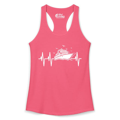 Cruise Heartbeat Shirt - Nautical Cruise Lover Gift Vacation Apparel (Ladies Tank) in Hot Pink - Cruise Heartbeat Shirt - Nautical Cruise Ship Outline With Seagulls Design
