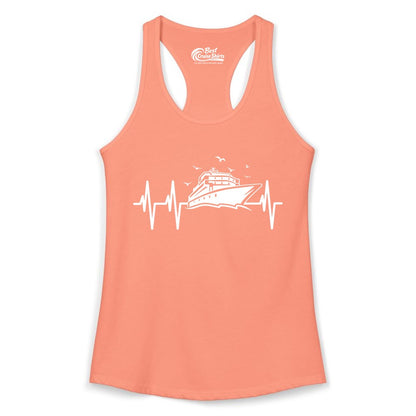 Cruise Heartbeat Shirt - Nautical Cruise Lover Gift Vacation Apparel (Ladies Tank) in Solid Light Orange - Cruise Heartbeat Shirt - Nautical Cruise Ship Outline With Seagulls Design