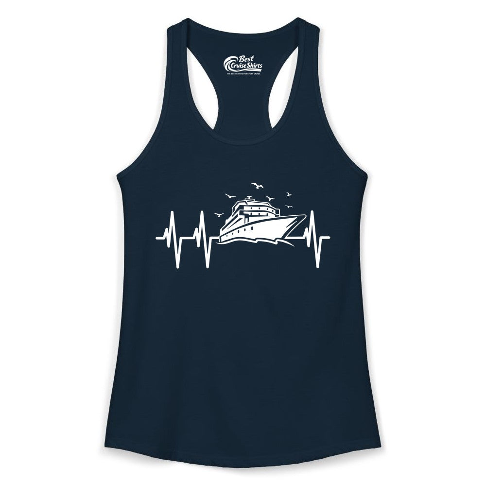Cruise Heartbeat Shirt - Nautical Cruise Lover Gift Vacation Apparel (Ladies Tank) in Solid Midnight Navy - Cruise Heartbeat Shirt - Nautical Cruise Ship Outline With Seagulls Design