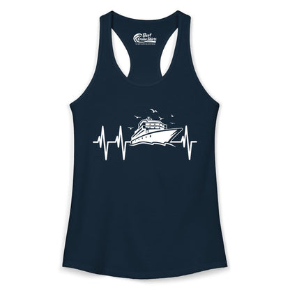 Cruise Heartbeat Shirt - Nautical Cruise Lover Gift Vacation Apparel (Ladies Tank) in Solid Midnight Navy - Cruise Heartbeat Shirt - Nautical Cruise Ship Outline With Seagulls Design