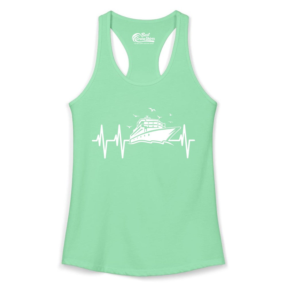 Cruise Heartbeat Shirt - Nautical Cruise Lover Gift Vacation Apparel (Ladies Tank) in Solid Mint - Cruise Heartbeat Shirt - Nautical Cruise Ship Outline With Seagulls Design