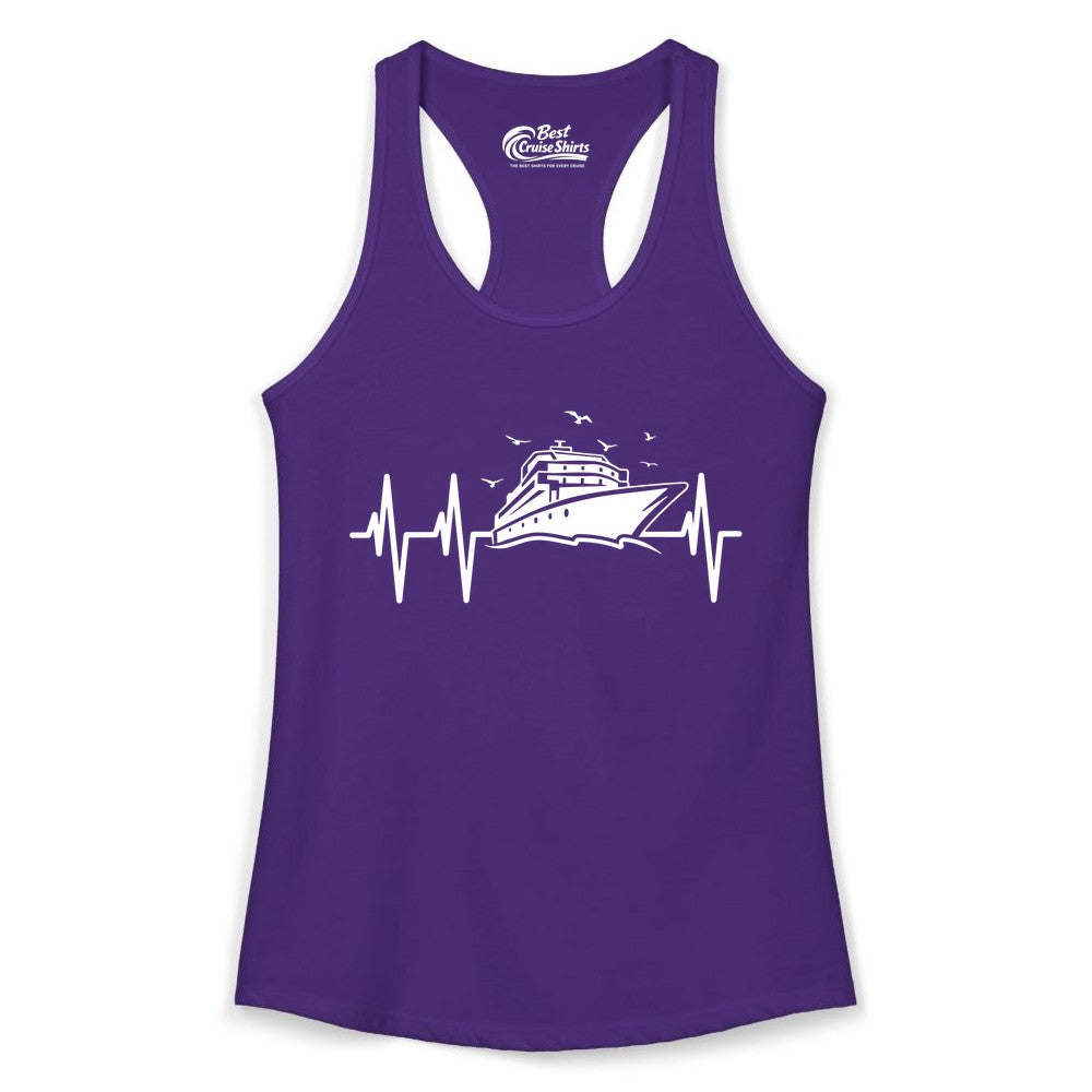 Cruise Heartbeat Shirt - Nautical Cruise Lover Gift Vacation Apparel (Ladies Tank) in Solid Purple Rush - Cruise Heartbeat Shirt - Nautical Cruise Ship Outline With Seagulls Design