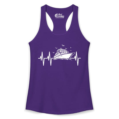 Cruise Heartbeat Shirt - Nautical Cruise Lover Gift Vacation Apparel (Ladies Tank) in Solid Purple Rush - Cruise Heartbeat Shirt - Nautical Cruise Ship Outline With Seagulls Design