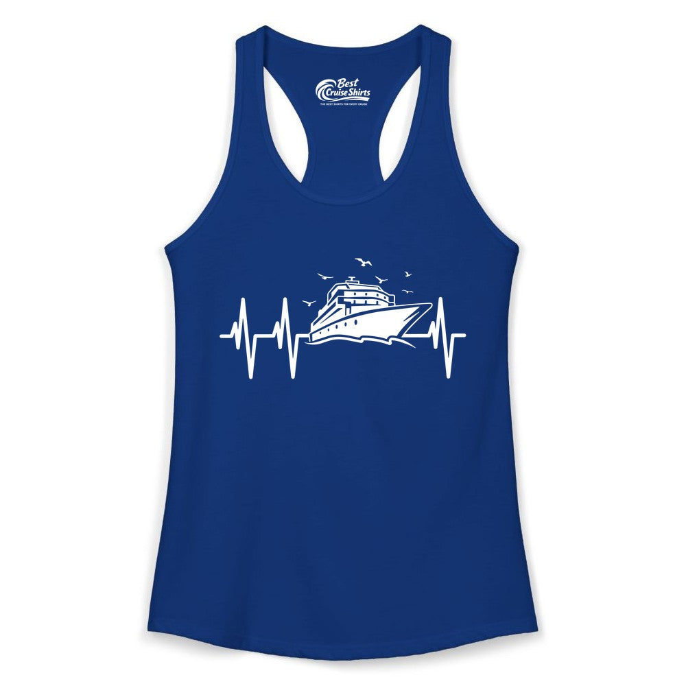 Cruise Heartbeat Shirt - Nautical Cruise Lover Gift Vacation Apparel (Ladies Tank) in Solid Royal - Cruise Heartbeat Shirt - Nautical Cruise Ship Outline With Seagulls Design