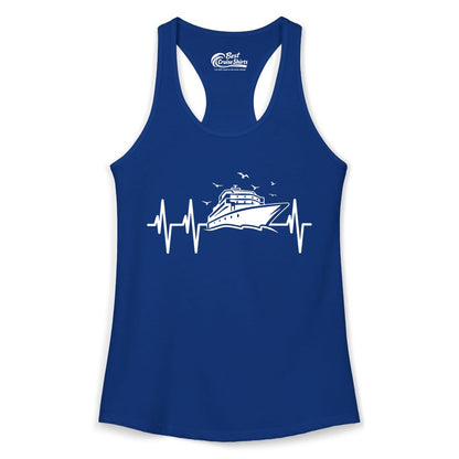 Cruise Heartbeat Shirt - Nautical Cruise Lover Gift Vacation Apparel (Ladies Tank) in Solid Royal - Cruise Heartbeat Shirt - Nautical Cruise Ship Outline With Seagulls Design