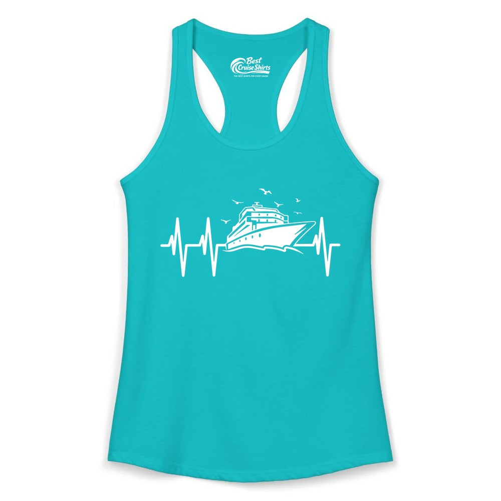 Cruise Heartbeat Shirt - Nautical Cruise Lover Gift Vacation Apparel (Ladies Tank) in Tahiti Blue - Cruise Heartbeat Shirt - Nautical Cruise Ship Outline With Seagulls Design