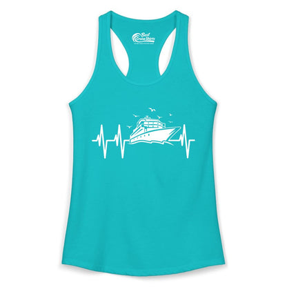 Cruise Heartbeat Shirt - Nautical Cruise Lover Gift Vacation Apparel (Ladies Tank) in Tahiti Blue - Cruise Heartbeat Shirt - Nautical Cruise Ship Outline With Seagulls Design