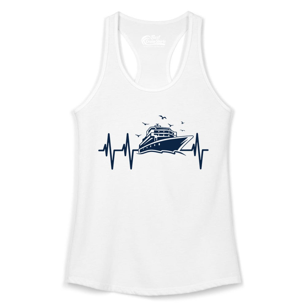 Cruise Heartbeat Shirt - Nautical Cruise Lover Gift Vacation Apparel (Ladies Tank) in White - Cruise Heartbeat Shirt - Nautical Cruise Ship Outline With Seagulls Design
