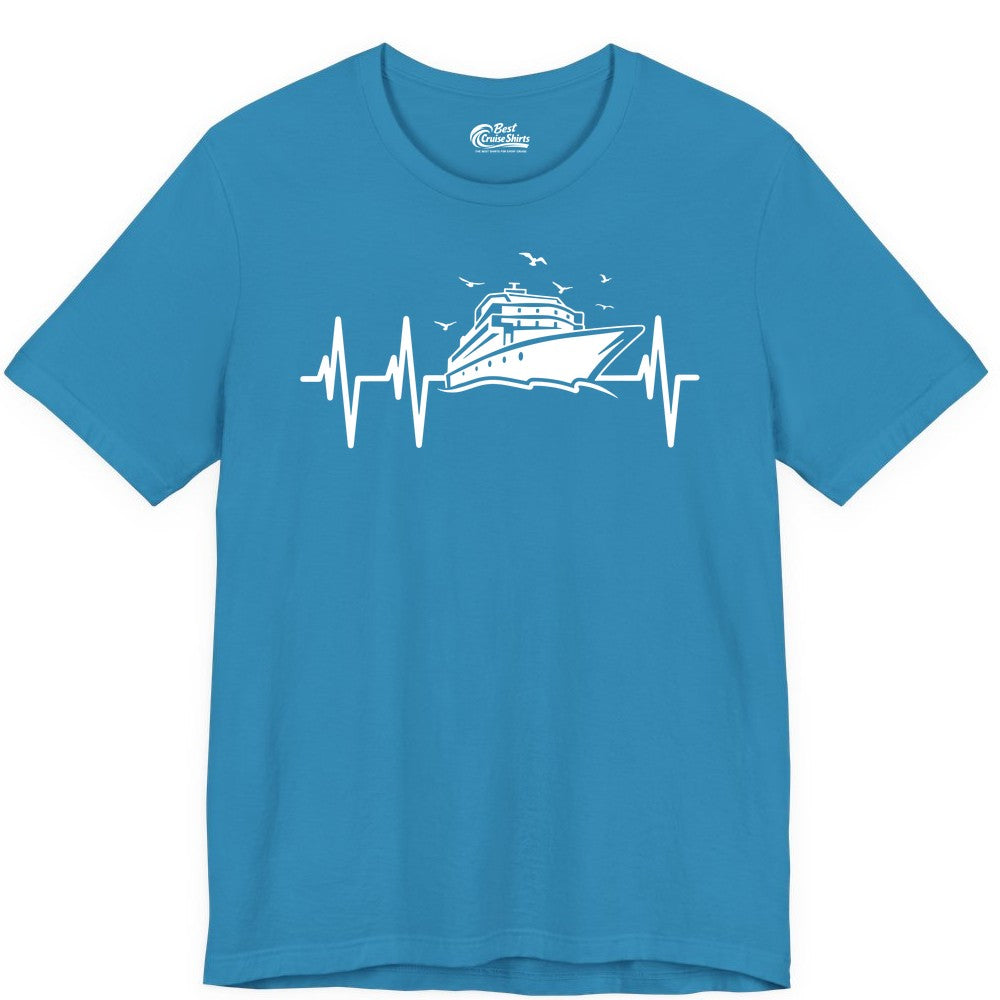 Cruise Heartbeat Shirt - Nautical Cruise Lover Gift Vacation Apparel (Premium Tee) in Aqua - Cruise Heartbeat Shirt - Nautical Cruise Ship Outline With Seagulls Design