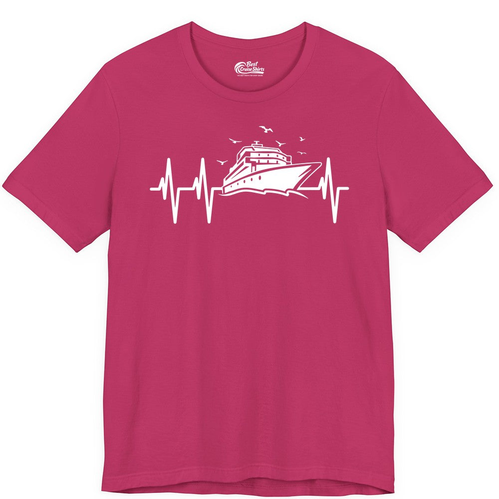 Cruise Heartbeat Shirt - Nautical Cruise Lover Gift Vacation Apparel (Premium Tee) in Berry - Cruise Heartbeat Shirt - Nautical Cruise Ship Outline With Seagulls Design