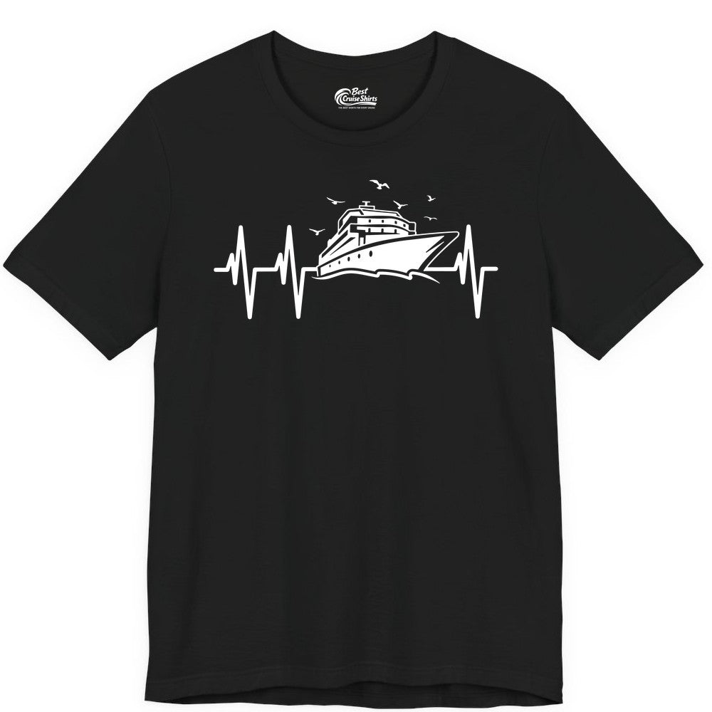 Cruise Heartbeat Shirt - Nautical Cruise Lover Gift Vacation Apparel (Premium Tee) in Black - Cruise Heartbeat Shirt - Nautical Cruise Ship Outline With Seagulls Design