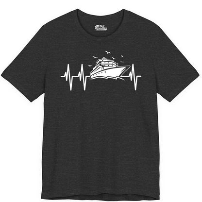 Cruise Heartbeat Shirt - Nautical Cruise Lover Gift Vacation Apparel (Premium Tee) in Dark Grey Heather - Cruise Heartbeat Shirt - Nautical Cruise Ship Outline With Seagulls Design