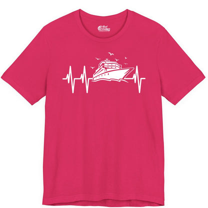 Cruise Heartbeat Shirt - Nautical Cruise Lover Gift Vacation Apparel (Premium Tee) in Fuchsia - Cruise Heartbeat Shirt - Nautical Cruise Ship Outline With Seagulls Design