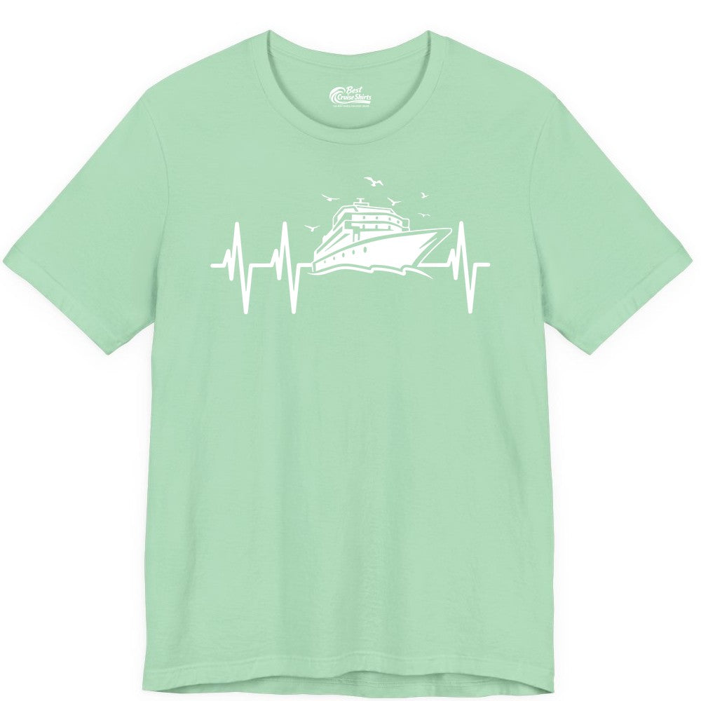 Cruise Heartbeat Shirt - Nautical Cruise Lover Gift Vacation Apparel (Premium Tee) in Mint - Cruise Heartbeat Shirt - Nautical Cruise Ship Outline With Seagulls Design