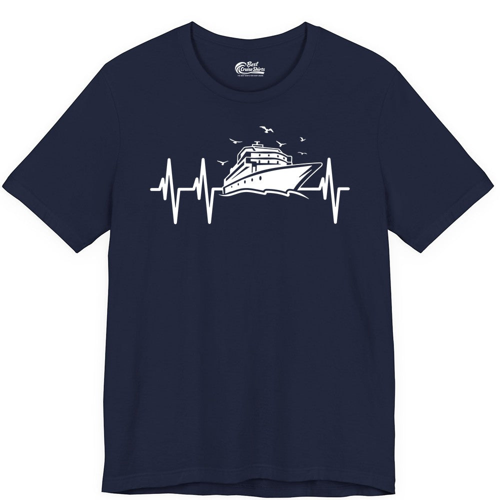 Cruise Heartbeat Shirt - Nautical Cruise Lover Gift Vacation Apparel (Premium Tee) in Navy - Cruise Heartbeat Shirt - Nautical Cruise Ship Outline With Seagulls Design