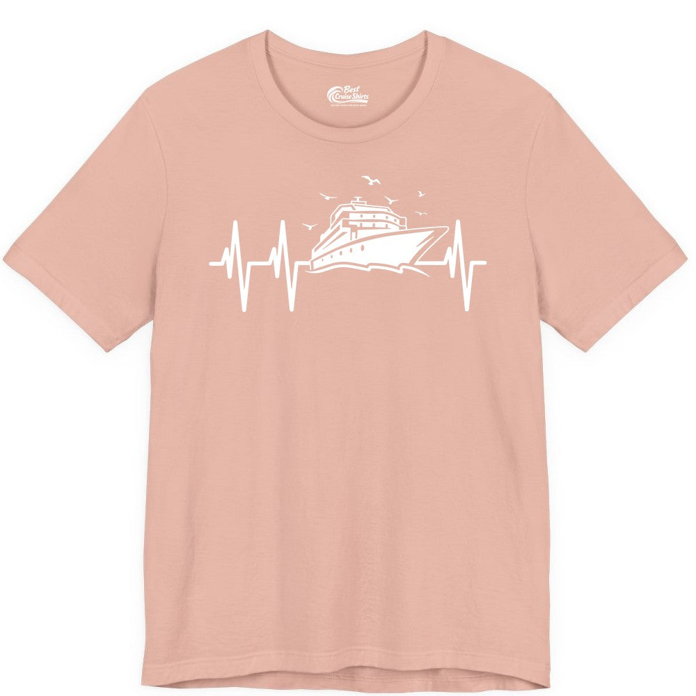 Cruise Heartbeat Shirt - Nautical Cruise Lover Gift Vacation Apparel (Premium Tee) in Peach - Cruise Heartbeat Shirt - Nautical Cruise Ship Outline With Seagulls Design