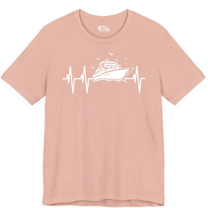 Cruise Heartbeat Shirt - Nautical Cruise Lover Gift Vacation Apparel (Premium Tee) in Peach - Cruise Heartbeat Shirt - Nautical Cruise Ship Outline With Seagulls Design