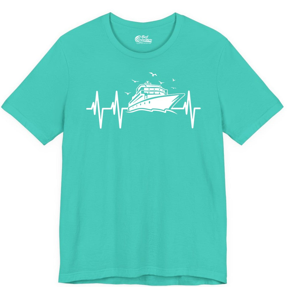 Cruise Heartbeat Shirt - Nautical Cruise Lover Gift Vacation Apparel (Premium Tee) in Teal - Cruise Heartbeat Shirt - Nautical Cruise Ship Outline With Seagulls Design