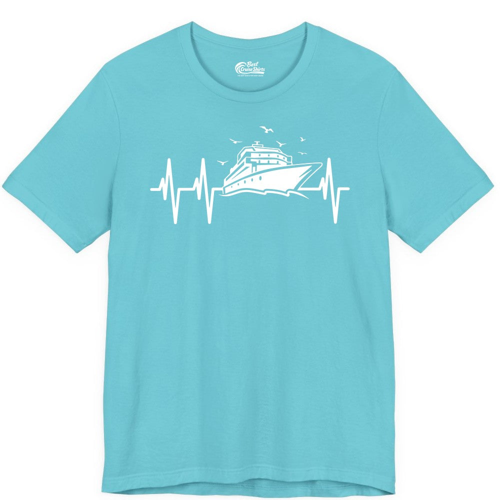 Cruise Heartbeat Shirt - Nautical Cruise Lover Gift Vacation Apparel (Premium Tee) in Turquoise - Cruise Heartbeat Shirt - Nautical Cruise Ship Outline With Seagulls Design