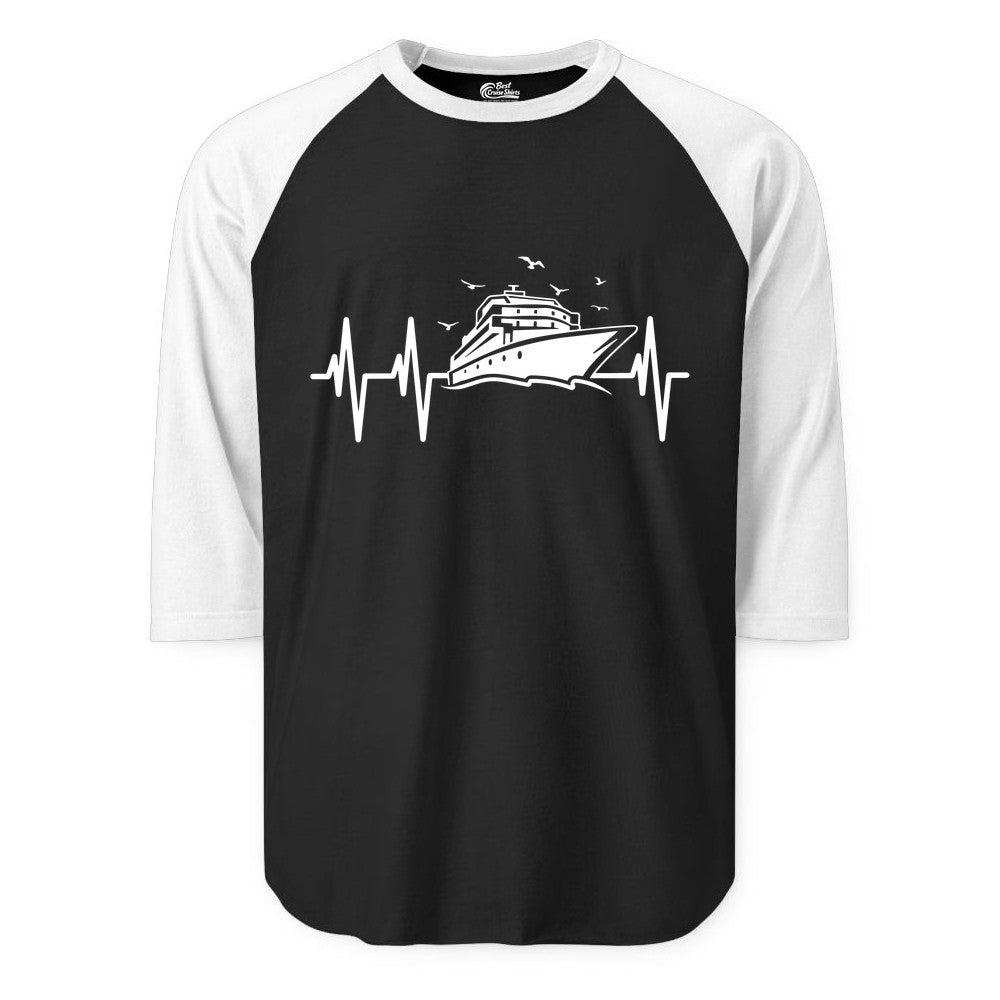 Cruise Heartbeat Shirt - Nautical Cruise Lover Gift Vacation Apparel (Raglan) in BlackWhite - Cruise Heartbeat Shirt - Nautical Cruise Ship Outline With Seagulls Design