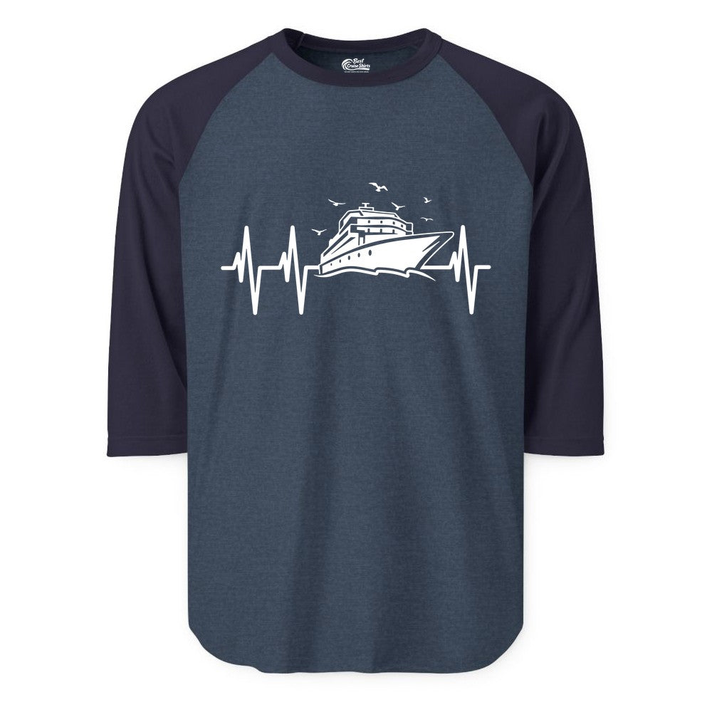 Cruise Heartbeat Shirt - Nautical Cruise Lover Gift Vacation Apparel (Raglan) in Heather DenimNavy - Cruise Heartbeat Shirt - Nautical Cruise Ship Outline With Seagulls Design