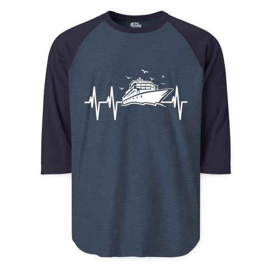 Cruise Heartbeat Shirt - Nautical Cruise Lover Gift Vacation Apparel (Raglan) in Heather DenimNavy - Cruise Heartbeat Shirt - Nautical Cruise Ship Outline With Seagulls Design